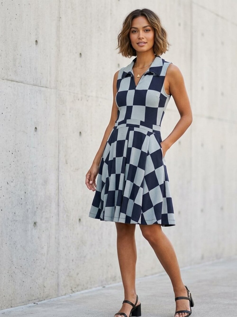 MARIGOLD par Marilyne Baril Checkerboard A-Line Dress - Blue -  Medium - NWOT